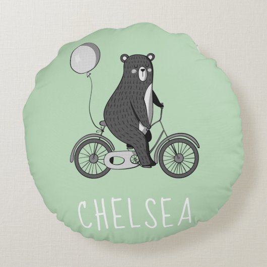 スカンジナビアのクマがバイクミニマリストグリーン ラウンドクッション (裏面)