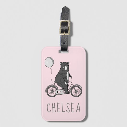 スカンジナビアのクマがバイクミニマリストピンク ラゲッジタグ (正面縦)