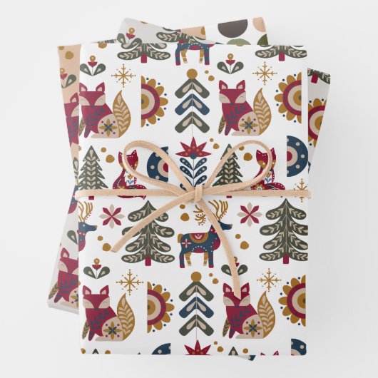 スカンジナビアのクリスマスのトナカイの森林動物 ラッピングペーパーシート (インサイチュ)