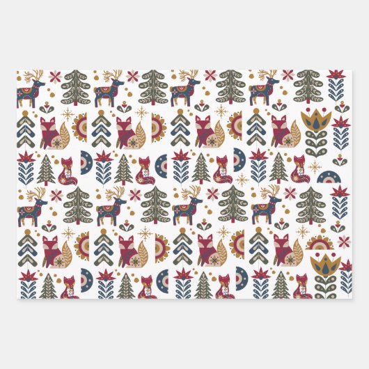 スカンジナビアのクリスマスのトナカイの森林動物 ラッピングペーパーシート (正面)