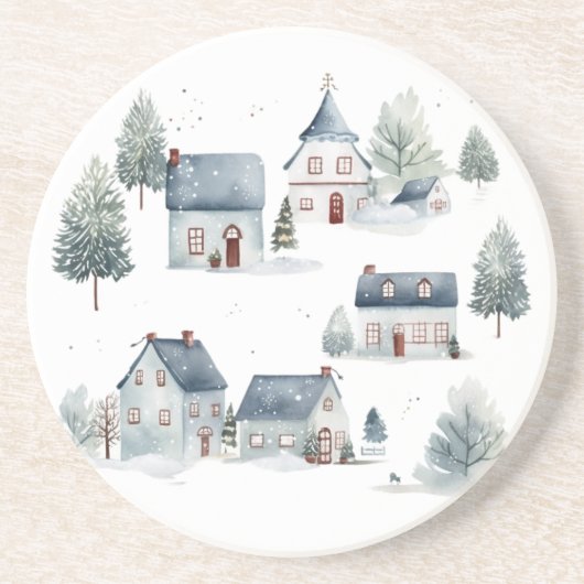 スカンジナビアのクリスマスデコールウォーターカラーハウス コースター (正面)