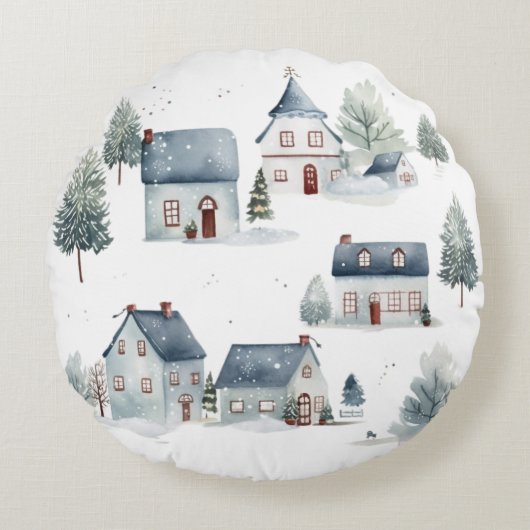 スカンジナビアのクリスマスデコールウォーターカラーハウス ラウンドクッション (正面)