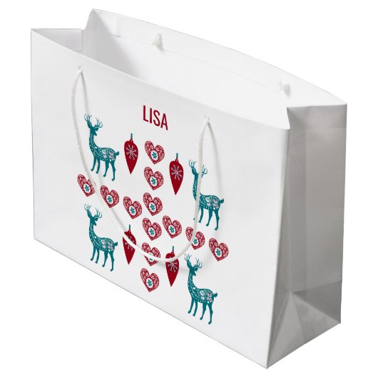 スカンジナビアのクリスマスハートトナカイ赤バウブル ラージペーパーバッグ (裏面アングル)
