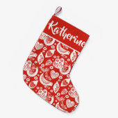 スカンジナビアのクリスマスバードパターン – パーソナライズされた スモールクリスマスストッキング (正面 (吊り時))