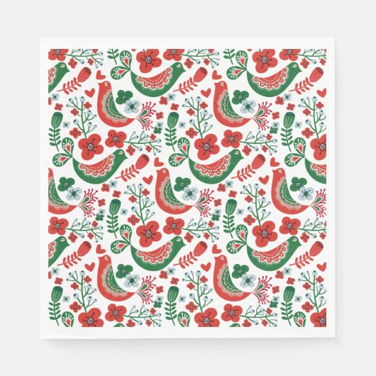 スカンジナビアのクリスマスパターンと花と鳥 スタンダードランチョンナプキン (正面)
