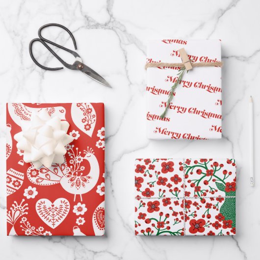 スカンジナビアのクリスマスパターンと花と鳥 ラッピングペーパーシート (正面)