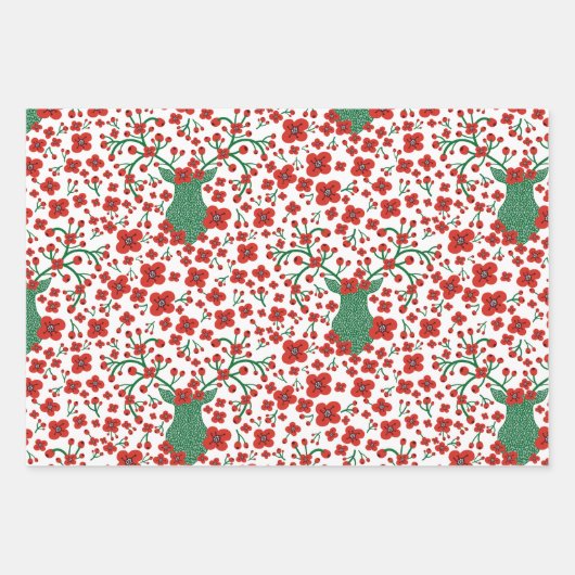 スカンジナビアのクリスマスパターンと花と鳥 ラッピングペーパーシート (正面3)