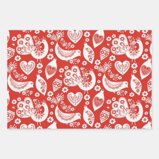 スカンジナビアのクリスマスパターンと花と鳥 ラッピングペーパーシート (正面2)