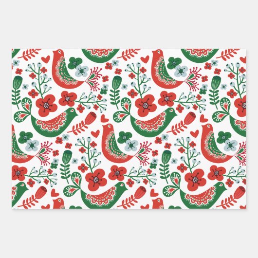 スカンジナビアのクリスマスパターンと花と鳥 ラッピングペーパーシート (正面)