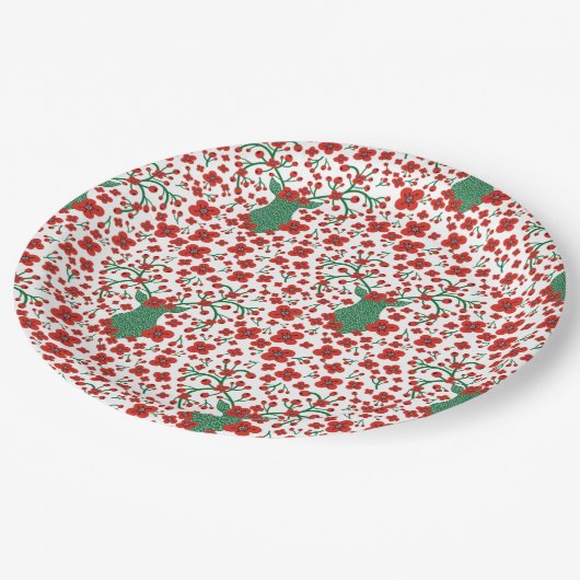 スカンジナビアのクリスマスフローラルパターンと〔雄ジカの〕枝角 ペーパープレート (アングル)