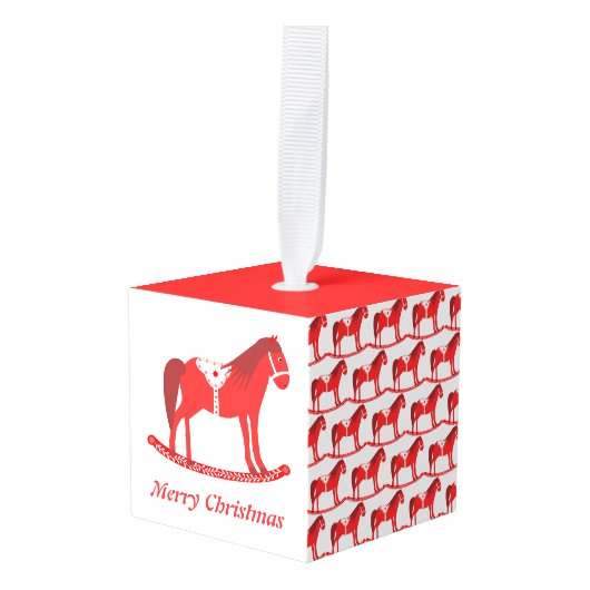 スカンジナビアのクリスマスロッキングホースカスタム キューブオーナメント (正面アングル)