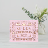スカンジナビアのクリスマス年ピンク 箔シーズンポストカード (立ち正面)
