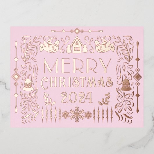 スカンジナビアのクリスマス年ピンク 箔シーズンポストカード (正面)