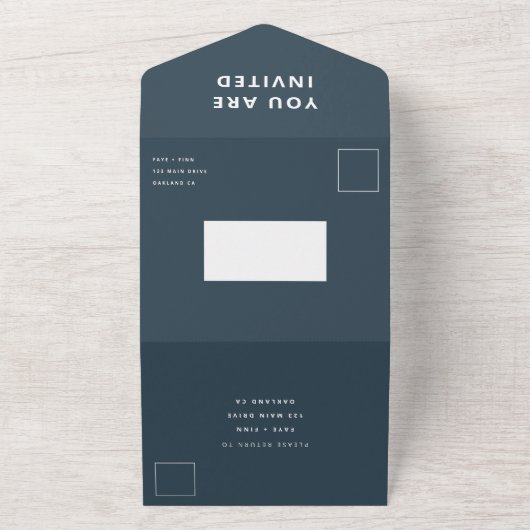 スカンジナビアのダスキーブルー |ミニマリストのウェディングRSVP オールインワン招待状 (外側)