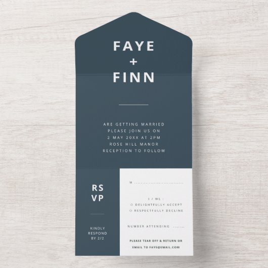 スカンジナビアのダスキーブルー |ミニマリストのウェディングRSVP オールインワン招待状 (内側)