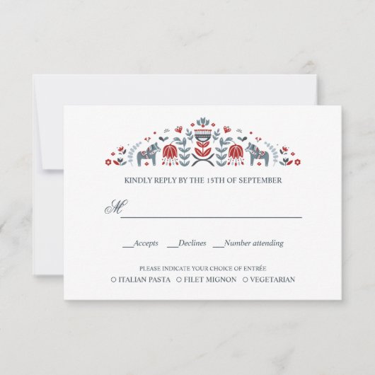 スカンジナビアのダラホースウェディングRSVP食事の選択 出欠カード (正面)