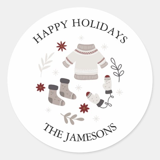 スカンジナビアのハッピーホリデーズギフトラベルステッカー ラウンドシール (正面)