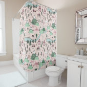 スカンジナビアのファームタウンパターンピンク シャワーカーテン (インサイチュ)