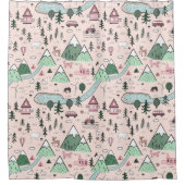 スカンジナビアのファームタウンパターンピンク シャワーカーテン (正面)