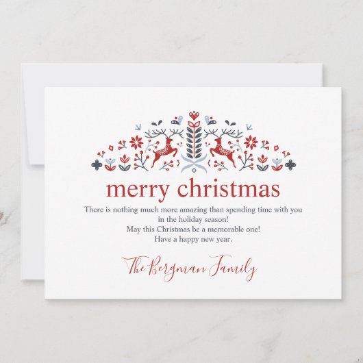 スカンジナビアのフォークアートのトナカイの写真を使ったクリスマスカード シーズンカード (正面)