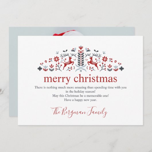 スカンジナビアのフォークアートのトナカイの写真を使ったクリスマスカード シーズンカード (正面/裏面)