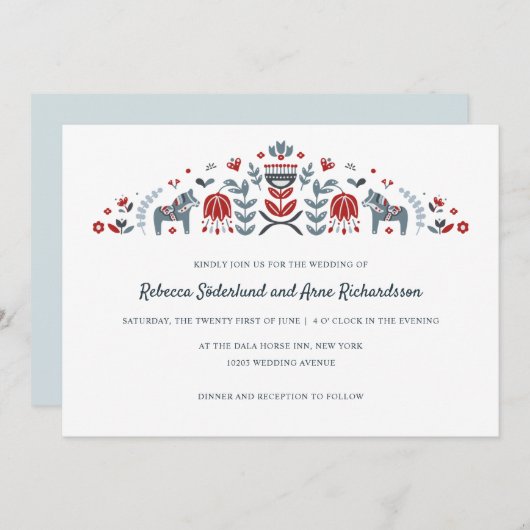 スカンジナビアのフォークアート ダーラホース フラワー ウェディング 招待状 (正面/裏面)