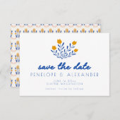 スカンジナビアのフォークフラワー ブルーとイエローのウェディング セーブザデート (正面/裏面)