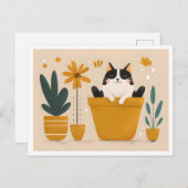 スカンジナビアのフラワーポットに座るハッピーキャット ポストカード (正面/裏面)