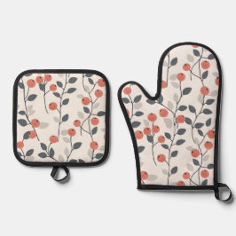 スカンジナビアのベリーの枝オーブンミットとポットホールド 鍋つかみ&鍋敷きセット