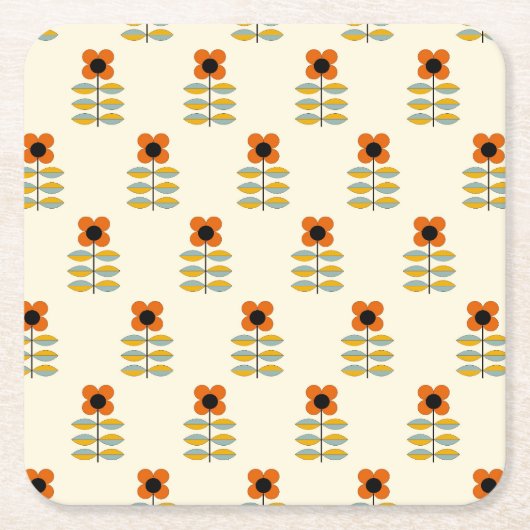 スカンジナビアの刺激を受けたなオレンジ花パターン スクエアペーパーコースター (正面)