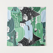 スカンジナビアの家、木、山のイラストレーション タペストリー (正面(横))