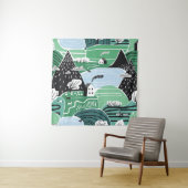 スカンジナビアの家、木、山のイラストレーション タペストリー (インサイチュ)