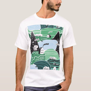スカンジナビアの家、木、山のイラストレーション Tシャツ