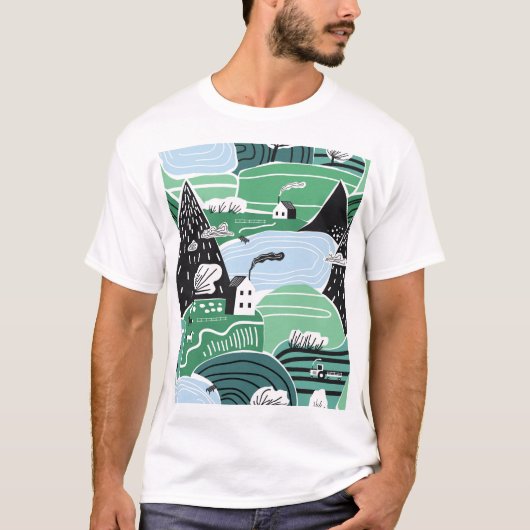 スカンジナビアの家、木、山のイラストレーション Tシャツ (正面)