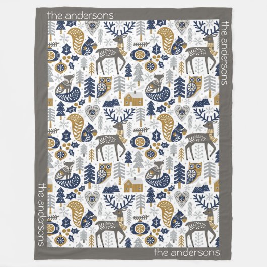 スカンジナビアの森林の動物の雪の結晶クリスマス フリースブランケット (正面)