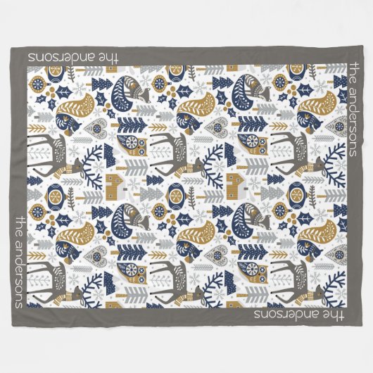 スカンジナビアの森林の動物の雪の結晶クリスマス フリースブランケット (正面(横))