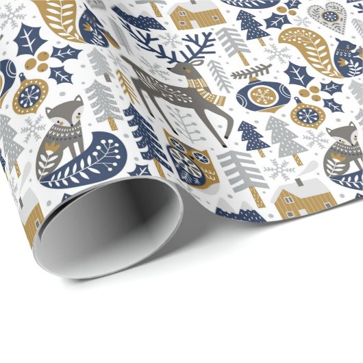 スカンジナビアの森林の動物の雪の結晶クリスマス ラッピングペーパー (ロールコーナー)