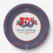 スカンジナビアの民俗アートのクリスマスプレート 赤と青の鳥 ペーパープレート (正面)