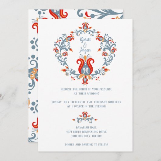 スカンジナビアの民俗芸術のウェディング招待状 青 招待状 (正面/裏面)