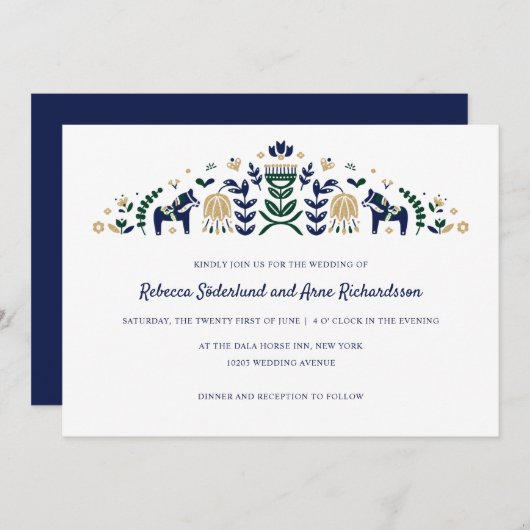 スカンジナビアの民俗芸術 ダーラホース カスタム ブルー V3 招待状 (正面/裏面)