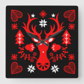 スカンジナビアの赤いクリスマスの鹿 スクエア壁時計 (正面)