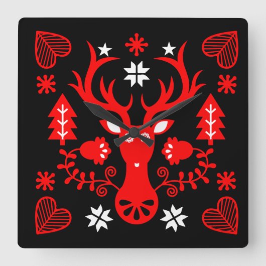 スカンジナビアの赤いクリスマスの鹿 スクエア壁時計 (正面)