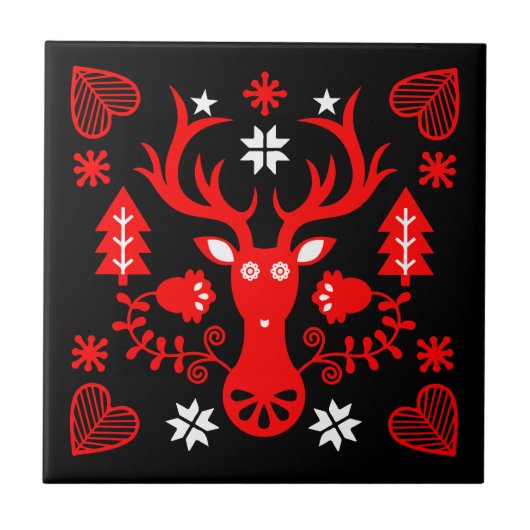 スカンジナビアの赤いクリスマスの鹿 タイル (正面)