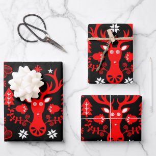 スカンジナビアの赤いクリスマスの鹿 ラッピングペーパーシート