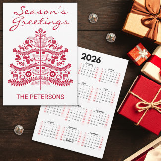 スカンジナビアの赤い民俗芸術のクリスマスツリーカレンダー シーズンカード