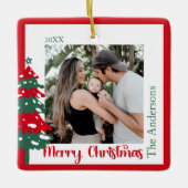 スカンジナビアの赤と緑のワンフォトメリークリスマス セラミックオーナメント (正面)