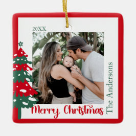 スカンジナビアの赤と緑のワンフォトメリークリスマス セラミックオーナメント