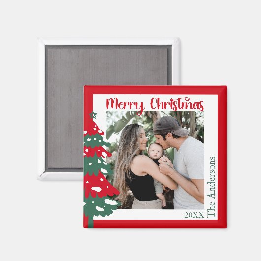 スカンジナビアの赤と緑のワンフォトメリークリスマス マグネット (正面/裏面)