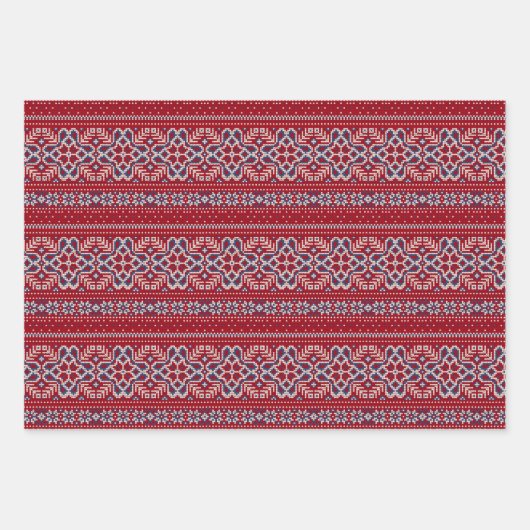 スカンジナビアの赤と青の冬のセーターのパターン ラッピングペーパーシート (正面3)