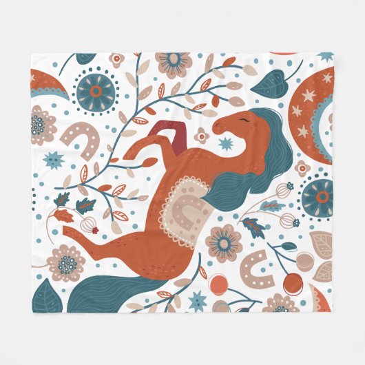 スカンジナビアの馬かわいい フリースブランケット (正面(横))